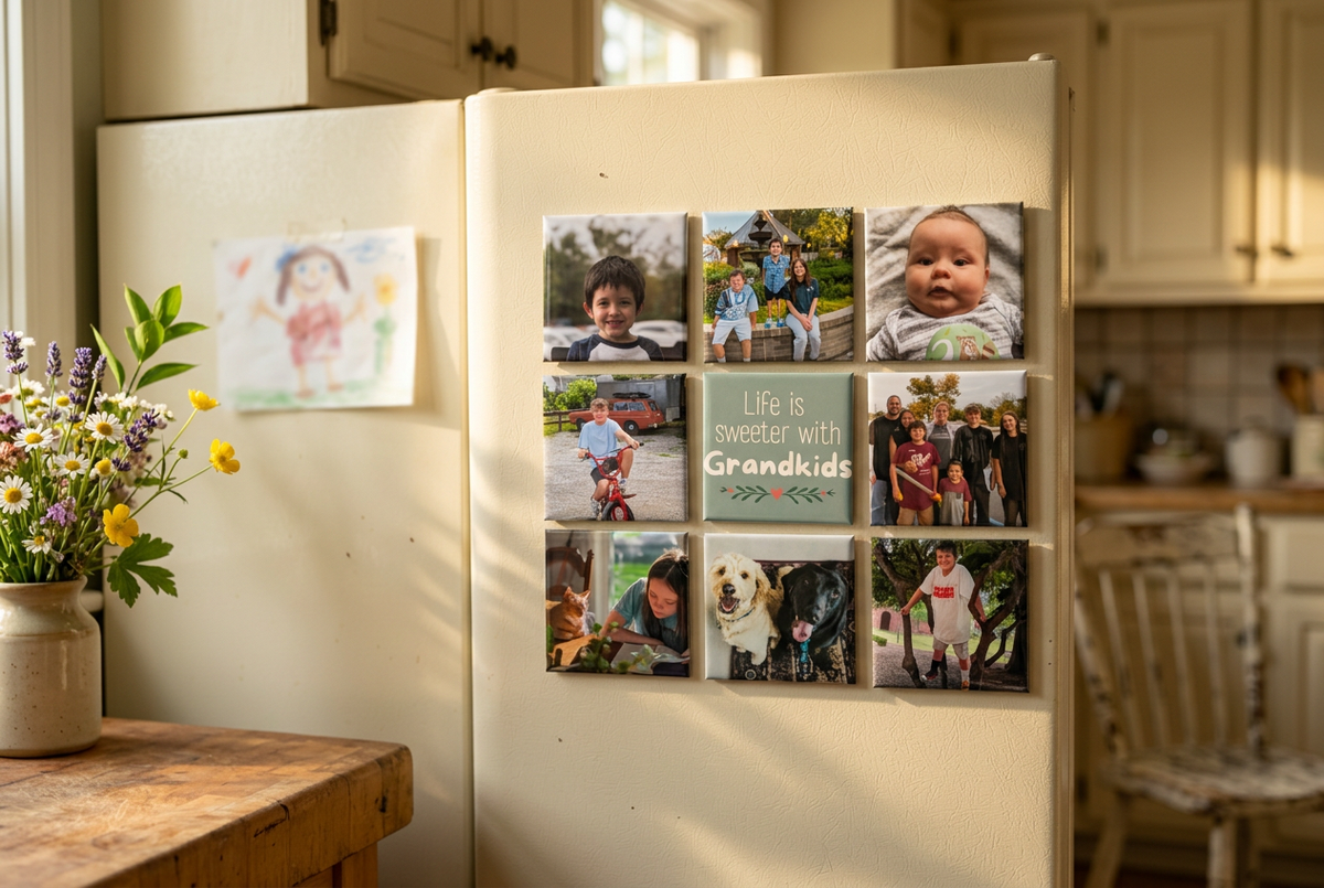 Nine grandkids photo magnets arranged on a cream refrigerator in a sunlit kitchen, with a Life is sweeter with Grandkids magnet in the center.